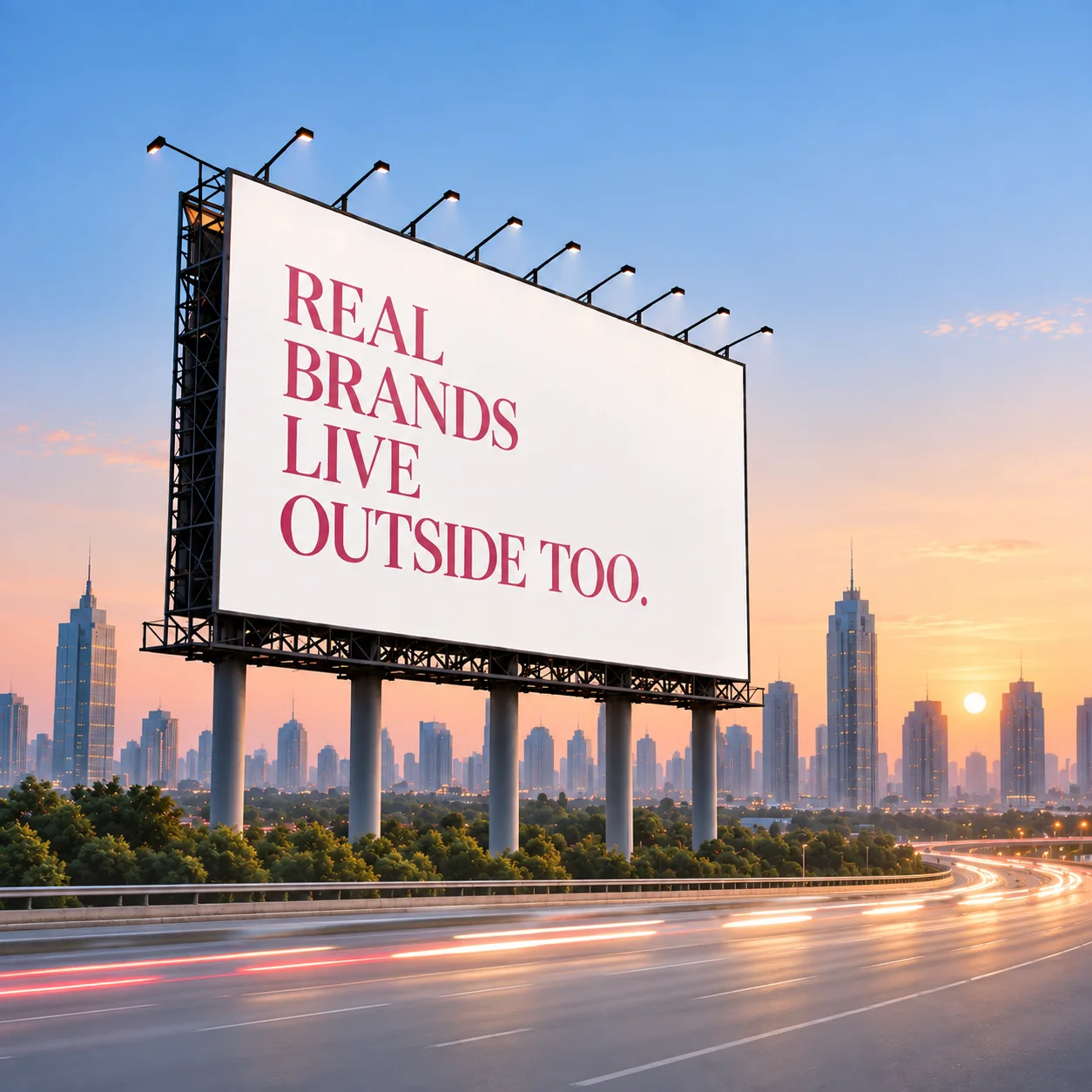 Billboard over a city expressway at sunset reading: Real brands live outside too.
